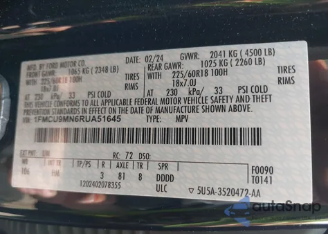 2024 Ford Escape St-Line из США, поврежденный, VIN 1FMCU9MN6RUA51645